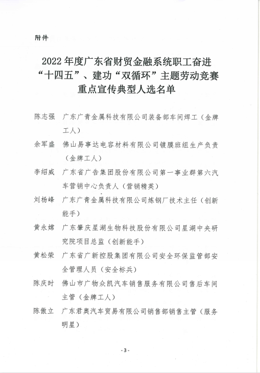 龙8唯一官网6名职工入选“2022年度广东省财贸金融系统职工奋进‘十四五’、建功‘双循环’主题劳动竞赛重点宣传典型人选”名单